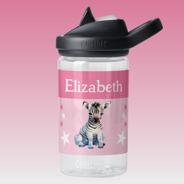 Cute zebra add name with stars kids pink water bottle (Creator Uploaded)