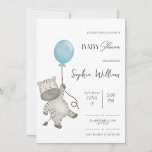 Cute Zebra And Blue Balloon Watercolor Baby Shower