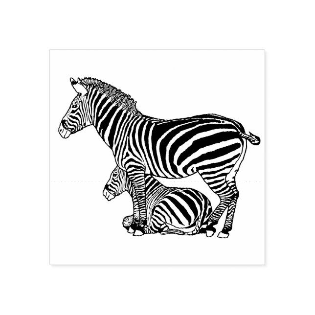 Cute Zebra and Foal Line Drawing Rubber Stamp (Imprint)
