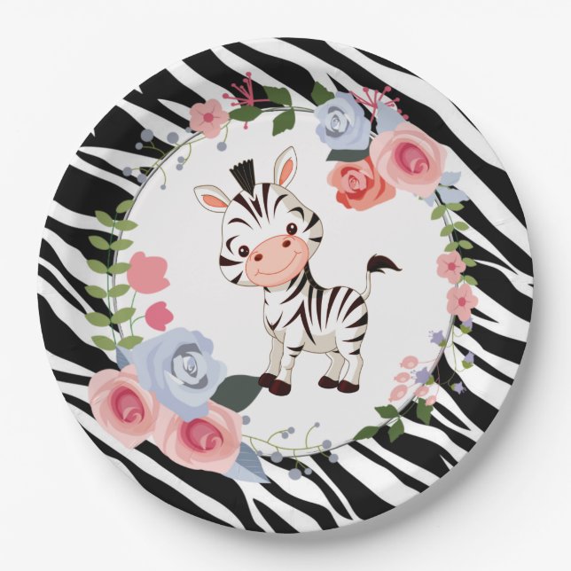 Cute Zebra Animal Print Baby Shower Paper Plate (Front)