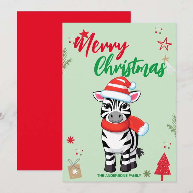 Cute Zebra Christmas tree Holiday Family name Card (Front/Back)