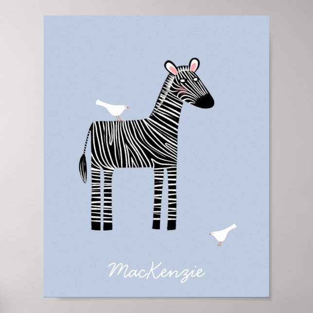 Cute Zebra Custom Name Blue Poster (Front)