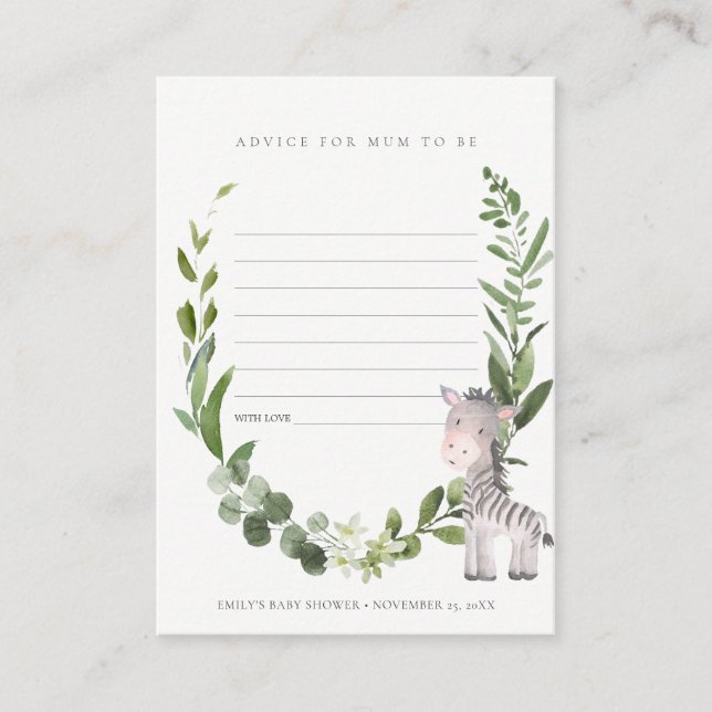 Cute Zebra Foliage Advice for Mum Baby Shower Enclosure Card (Front)