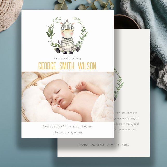Cute Zebra Foliage Wreath Photo Birth Announcement (Creator Uploaded)