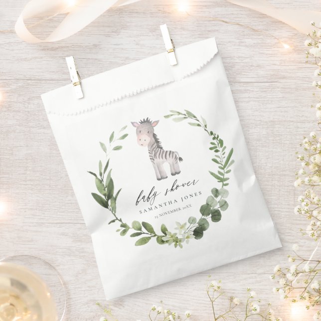 Cute Zebra Green Foliage Wreath Baby Shower Paper Favour Bag (Clipped)