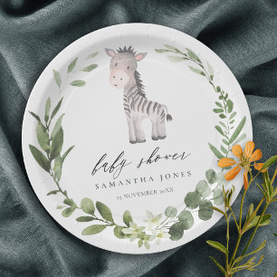 Cute Zebra Green Foliage Wreath Baby Shower Paper Plate