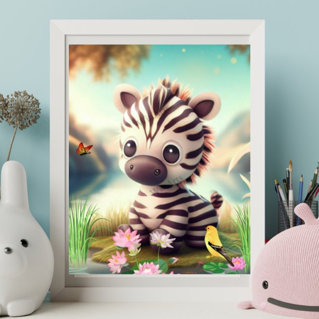 Cute Zebra near a pond with flowers and birds art  Poster (Creator Uploaded)