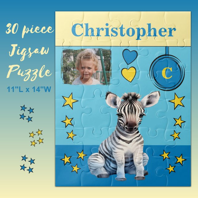 Cute zebra photo name blue yellow kids jigsaw puzzle (Creator Uploaded)