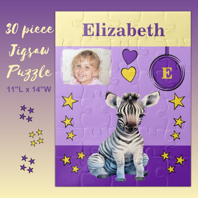 Cute zebra photo name purple yellow kids jigsaw puzzle (Creator Uploaded)