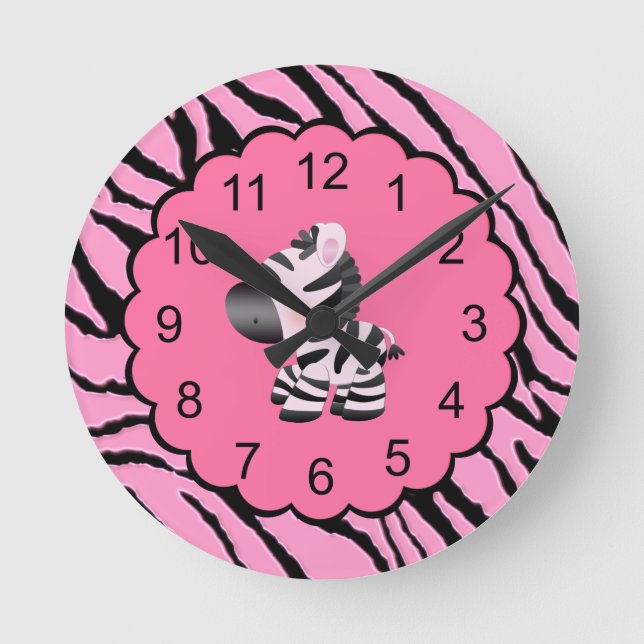 Cute Zebra & Pink & Black Animal Print Round Clock (Front)