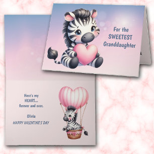 Cute Zebra Pink Heart Granddaughter Valentine Card