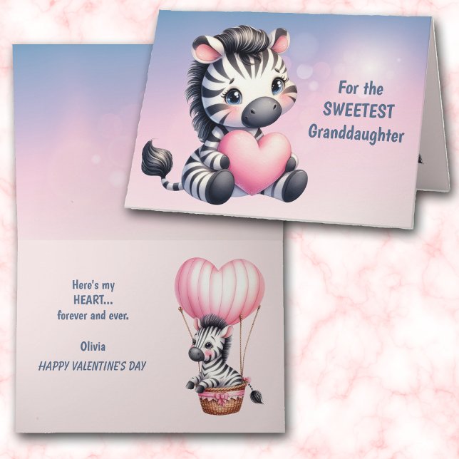 Cute Zebra Pink Heart Granddaughter Valentine Card (Creator Uploaded)