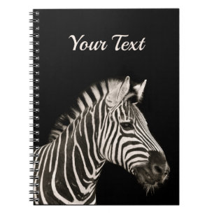 Cute Zebra Portrait on Black Personalised Name Notebook