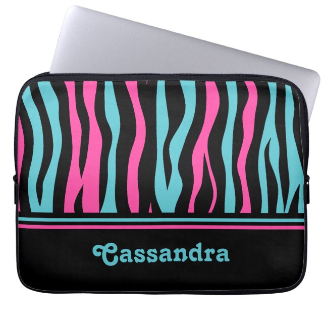 Cute zebra print punk in hot pink, black, and blue laptop sleeve (Front)