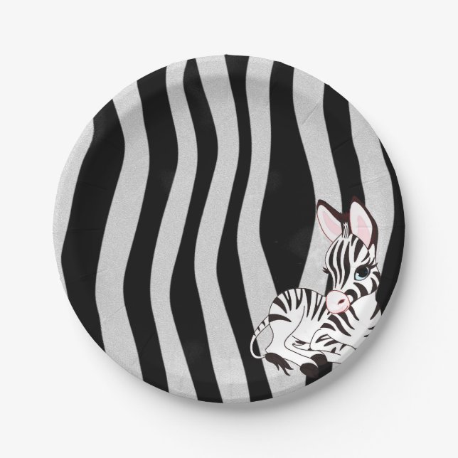 Cute Zebra Print texture With Baby Zebra Cartoon Paper Plate (Front)