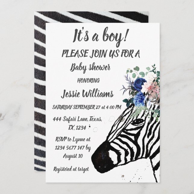 Cute Zebra Safari Jungle pattern animal Baby boy I Invitation (Front/Back)