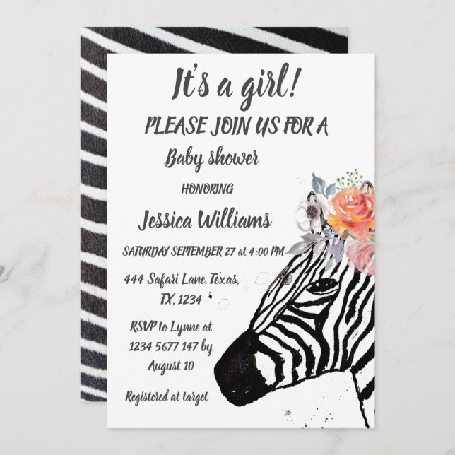 Cute Zebra Safari Jungle pattern animal Baby girl Invitation (Front/Back)