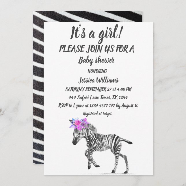 Cute Zebra Safari Jungle pattern animal Baby Girl Invitation (Front/Back)