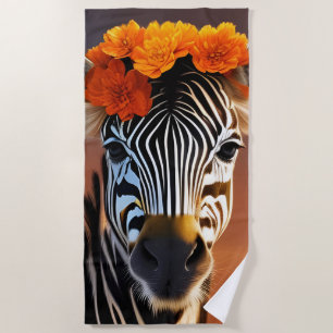 Cute Zebra wearing Orange Flowers Beach Towel