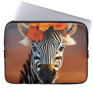 Cute Zebra wearing Orange Flowers Laptop Sleeve