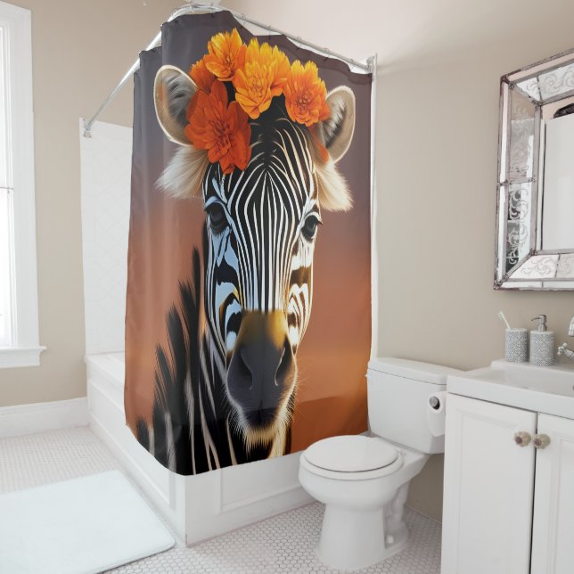 Cute Zebra wearing Orange Flowers  Shower Curtain (In Situ)
