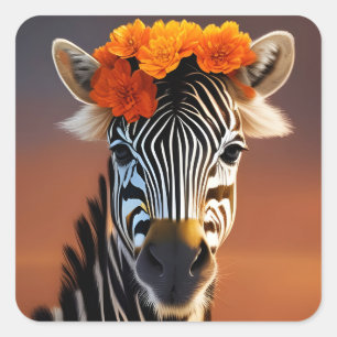 Cute Zebra wearing Orange Flowers Square Sticker