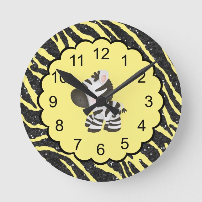 Cute Zebra & Yellow & Black Glitter Animal Print Round Clock (Front)