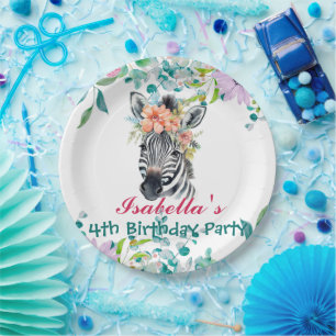 Cute Zebra zoo animal jungle Floral Birthday party Paper Plate