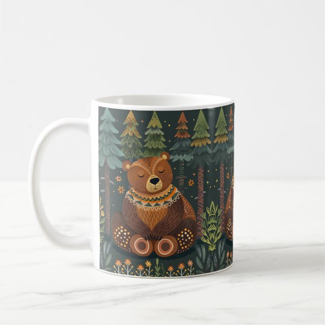 Cute Zen Bear in Woods Wildlife Animal Nature Art Coffee Mug (Left)