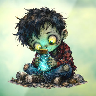 Cute Zombie Boy Holding Glowing Magic Jar