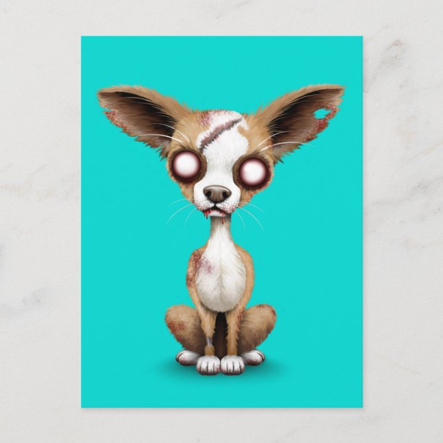 Cute Zombie Chihuahua Puppy Dog on Blue Postcard (Front)
