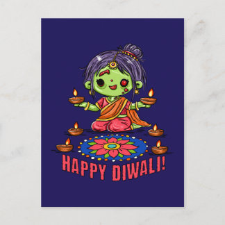 Cute Zombie Girl Celebrating Diwali Holiday Postcard