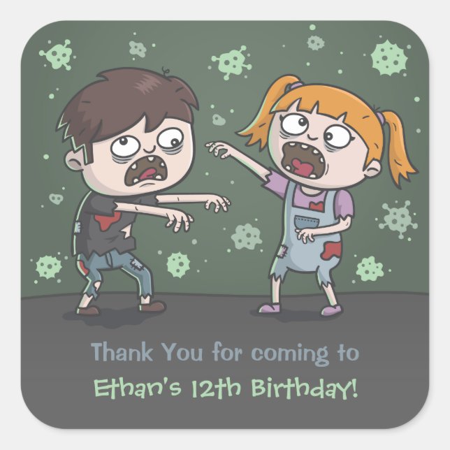Cute Zombie Kids Halloween Birthday Party Stickers (Front)