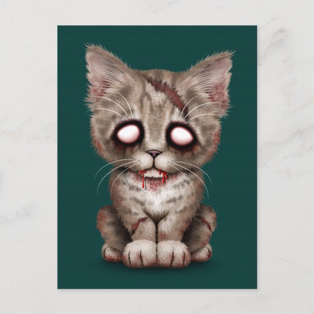 Cute Zombie Kitten Cat on Teal Blue Postcard (Front)