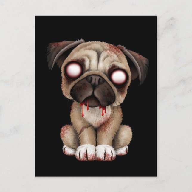Cute Zombie Pug Puppy Dog on Black Postcard (Front)