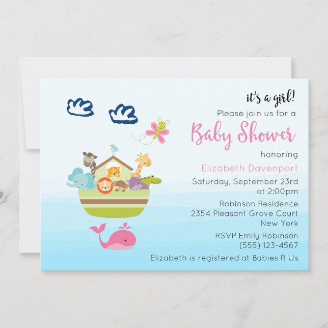 Cute Zoo Animal Ark Baby Girl Shower Invitation (Front)