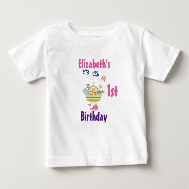 Cute Zoo Animal Ark First Birthday Baby T-Shirt (Front)