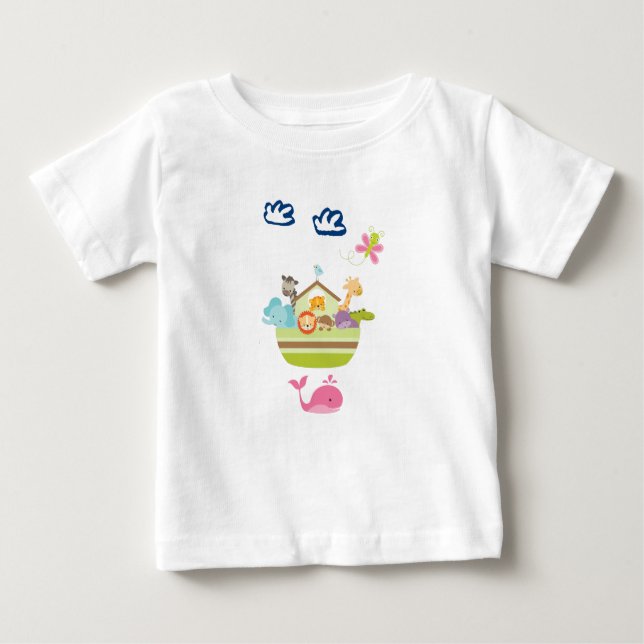 Cute Zoo Animal Ark with a Butterfly and Whale Baby T-Shirt (Front)