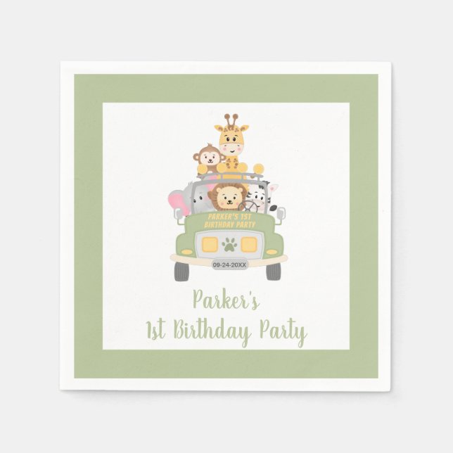 Cute Zoo Animal Safari 1st Birthday Party Napkin (Front)