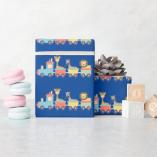 Cute Zoo Animals on Toy Train Lion Giraffe Zebra Wrapping Paper