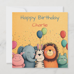 Cute Zoo Animals Party with Balloons and Confetti Holiday Card