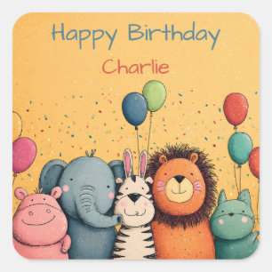 Cute Zoo Animals Party with Balloons and Confetti Square Sticker