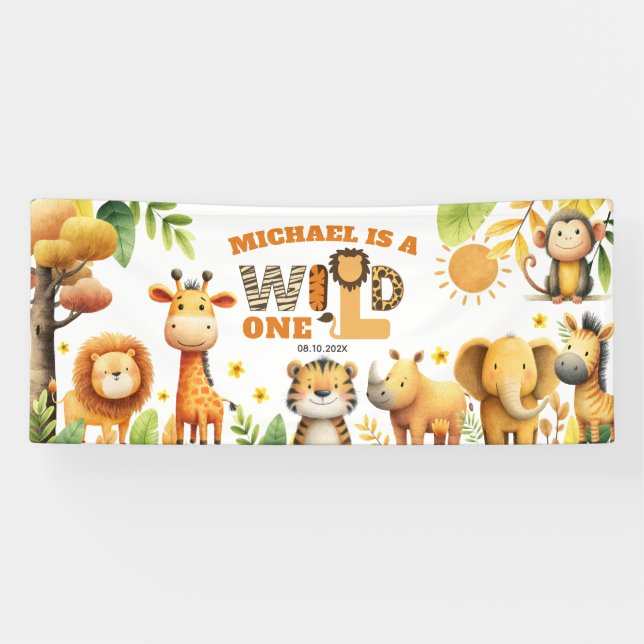 Cute ZOO Animals Safari WILD ONE 1st Birthday  Banner (Horizontal)