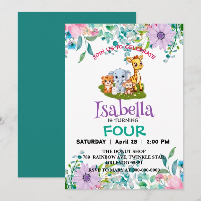 Cute Zoo jungle Animals Birthday party Flower kids Invitation (Front/Back)