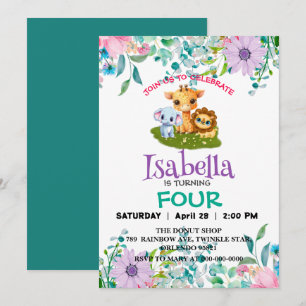 Cute Zoo jungle baby Animals Birthday Flower kids Invitation