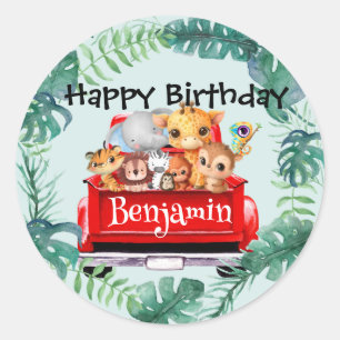 Cute Zoo jungle farm truck tractor boy Birthday  Classic Round Sticker