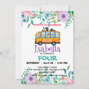 Cute Zoo school Bus Animals Birthday Flower kids Invitation