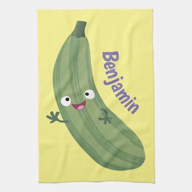 Cute zucchini happy cartoon illustration tea towel (Vertical)