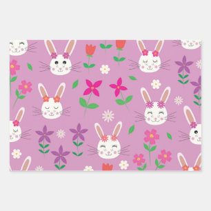 CuteEaster bunnies with Pink Orange Purple Flower Wrapping Paper Sheet