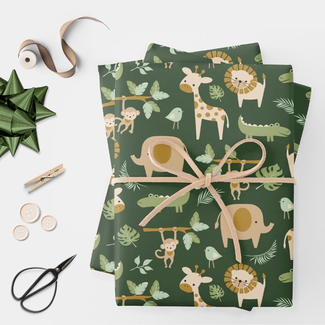 CuteJungle Animals on Dark Green Background Wrapping Paper Sheet (Creator Uploaded)